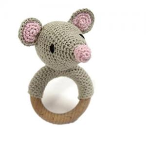 Baby wooden gift organic teething toy knit mouse rattle 